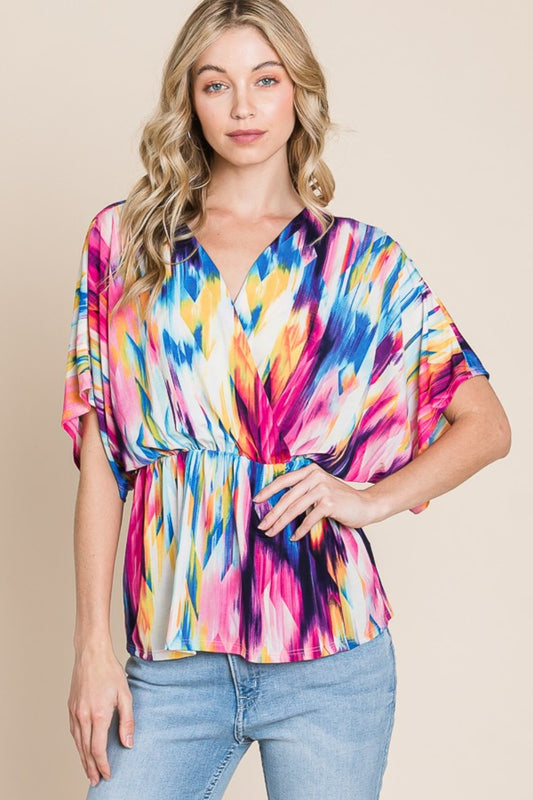 Printed Surplice Peplum Blouse