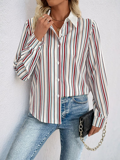 Contrast Striped Collared Neck Long Sleeve Shirt