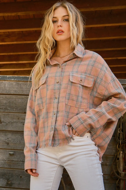 Plaid Button Up Raw Hem Shirt