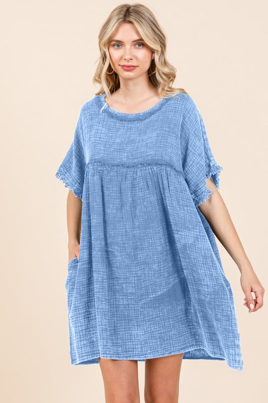 Short Sleeve Babydoll Texture Dress with Pockets