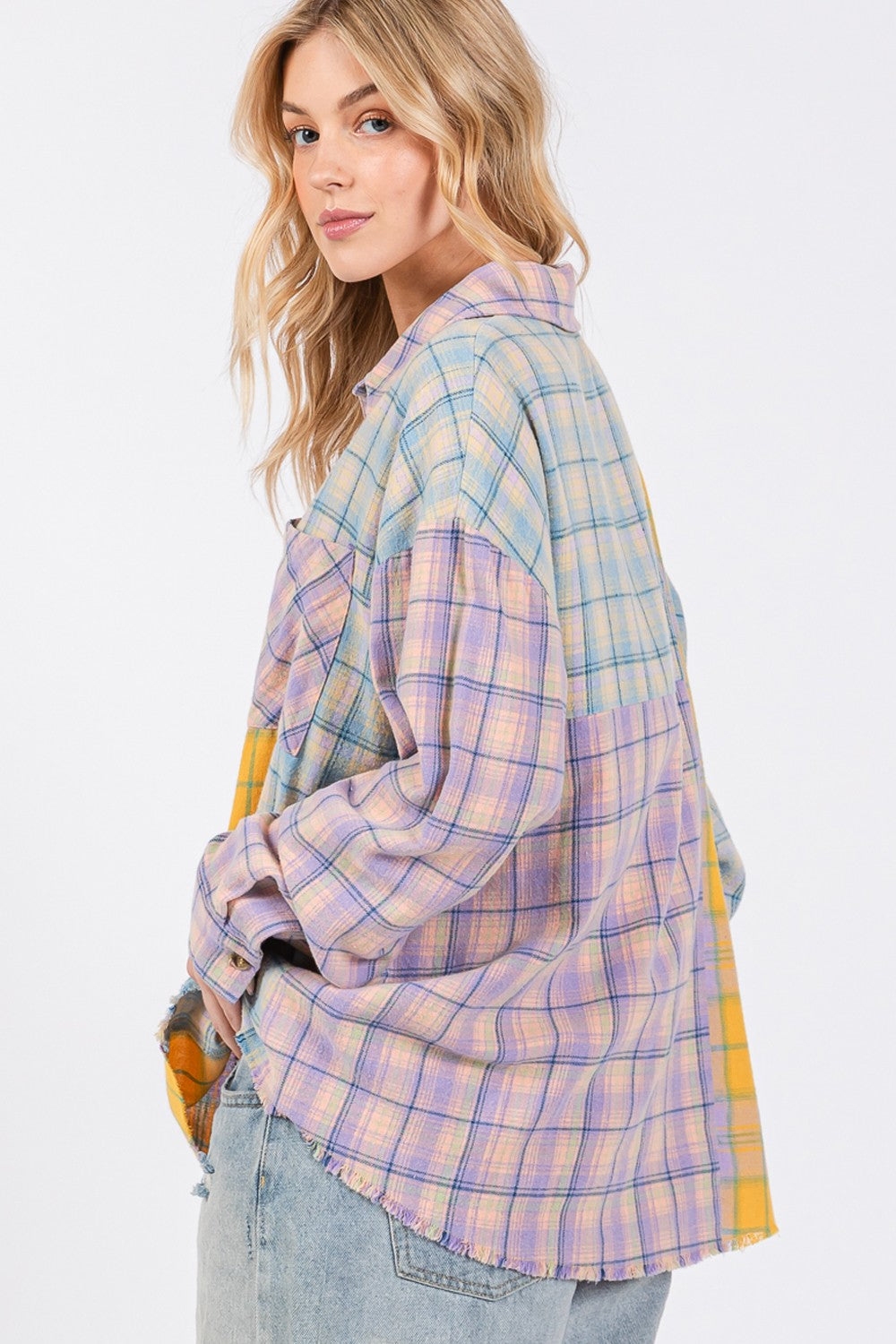 Button Up Raw Hem  Plaid Flannel Shirt