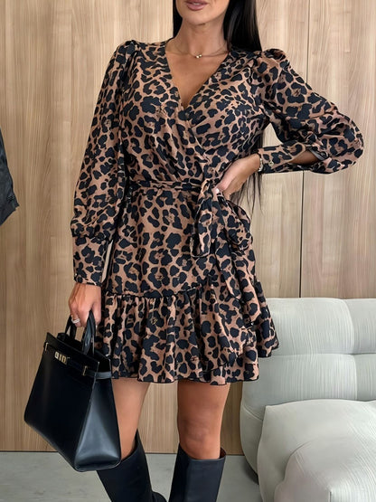 Tied Leopard Surplice Long Sleeve Dress