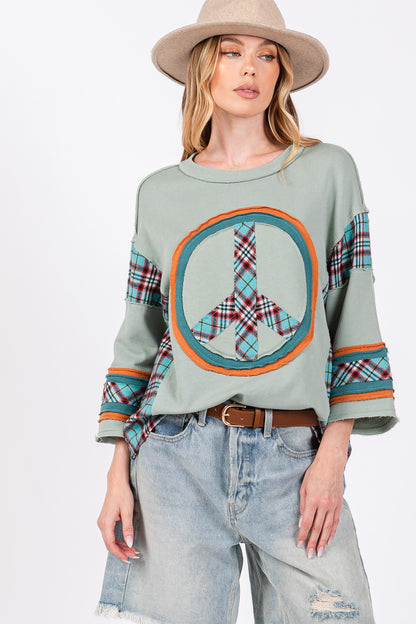 Peace Applique Patch Contrast Plaid Top