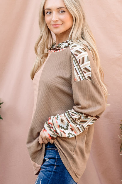 Printed Color Block Hooded Waffle Top