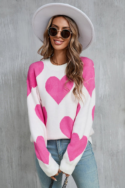 Contrast Heart Dropped Shoulder Long Sleeve Sweater