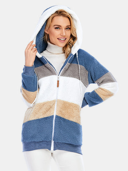 Drawstring Color Block Zip Up Hooded Outerwear