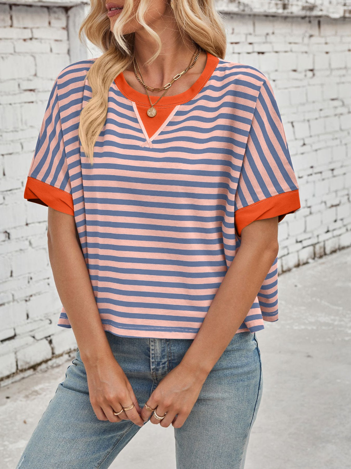 Striped Round Neck Short Sleeve T-Shirt