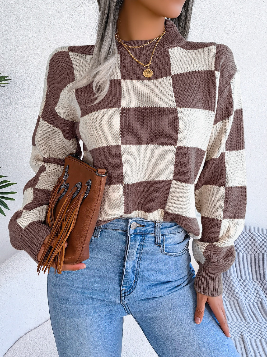 Checkered Mock Neck Long Sleeve Sweater