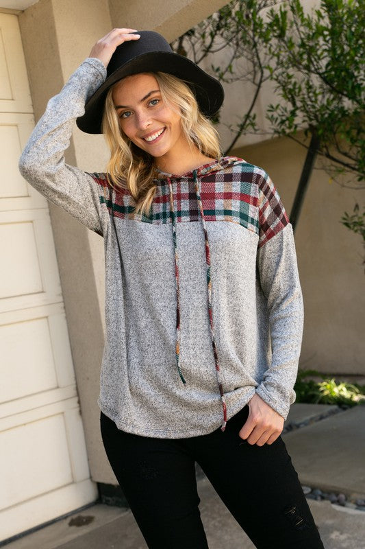 HACCI MELANGE PLAID AND SOLID MIXED HOODIE TOP