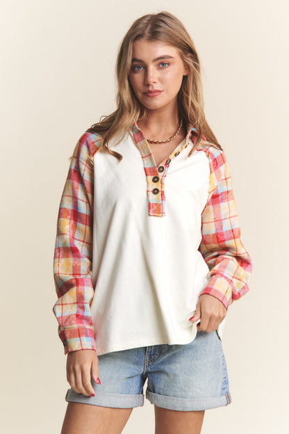 Plaid Contrast Button Down Henley Top