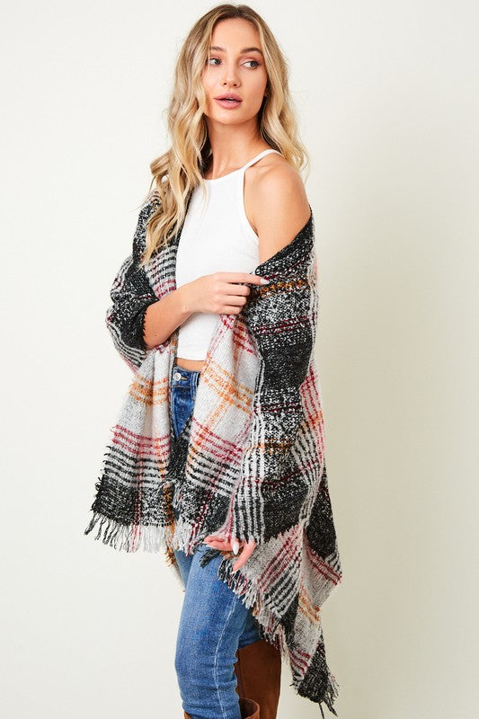 MULTI PLAID FRINGE PONCHO SHAWL