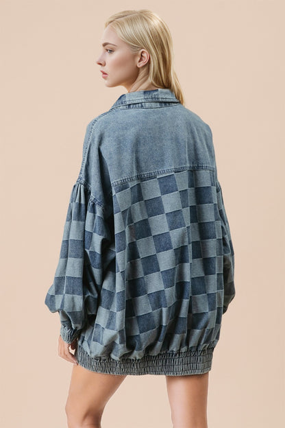 Checkered Button Up Denim Jacket