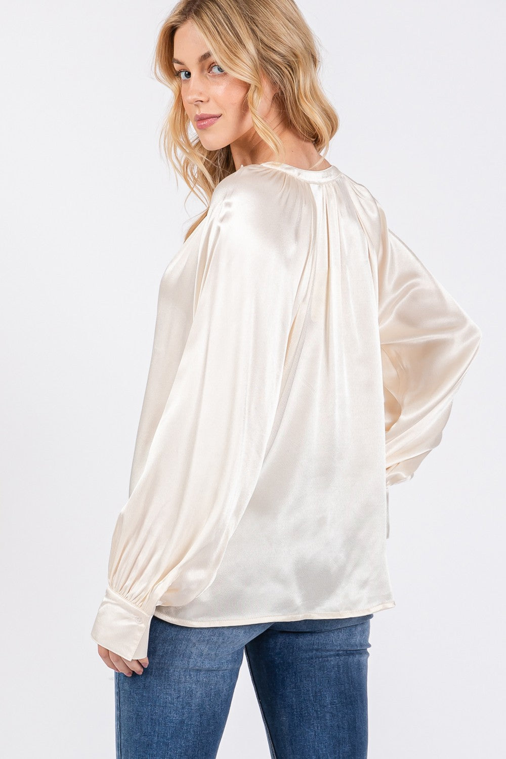 Notched Long Sleeve Blouse