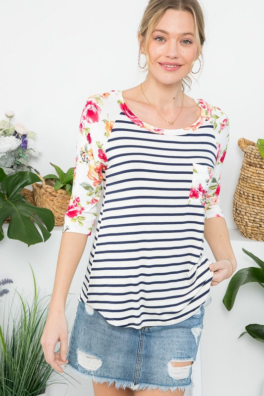 FLORAL STRIPE MIXED BASEBALL TOP