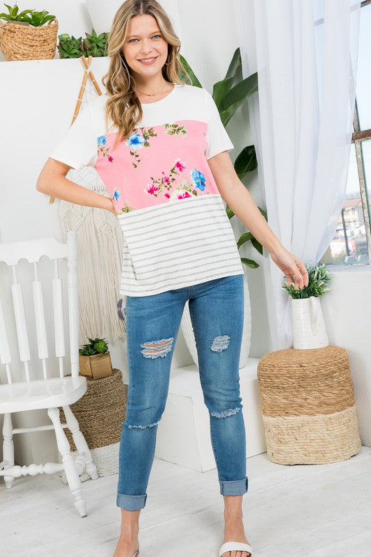 FLORAL STRIPE MIXED TOP