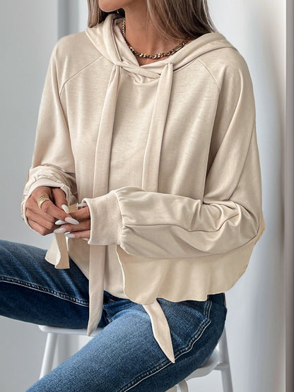 Drawstring Ruffled Long Sleeve Hoodie