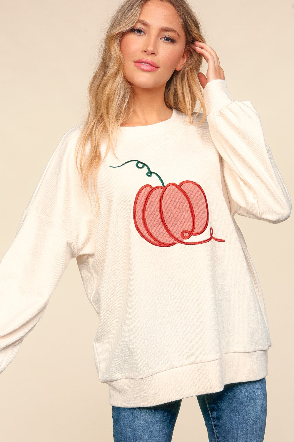 Embroidery Pumpkin Long Sleeve Knit Top