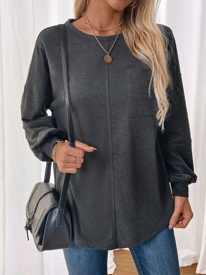 Pocketed Round Neck Long Sleeve Sweatshirt