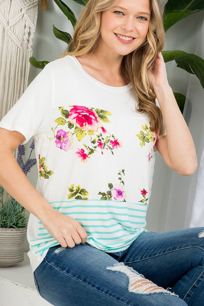 PLUS FLORAL STRIPE MIXED TOP