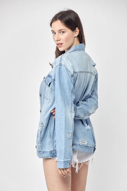 RISEN Distressed Long Sleeve Denim Jacket