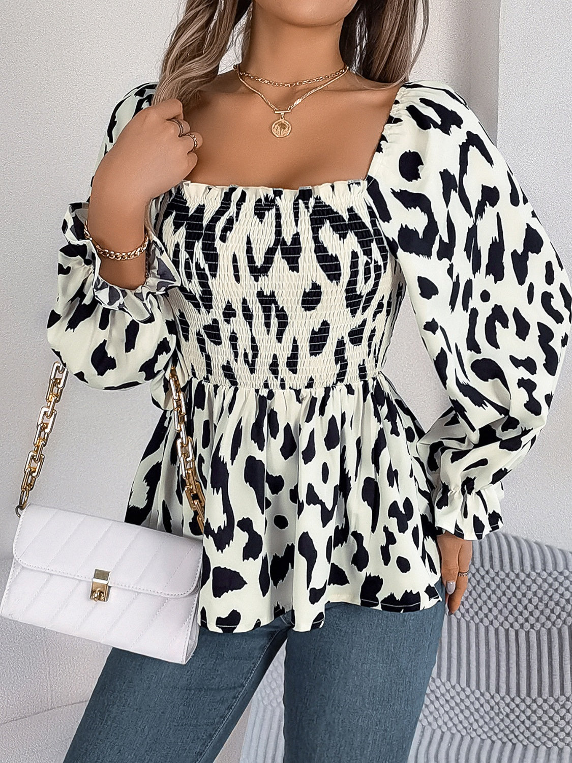 Square Neck Flounce Sleeve Blouse