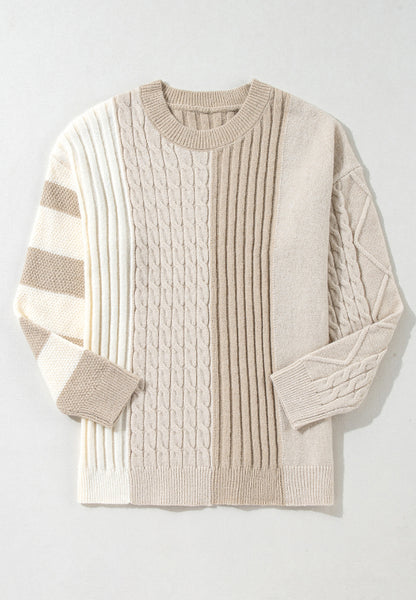 Cable-Knit Color Block Round Neck Sweater