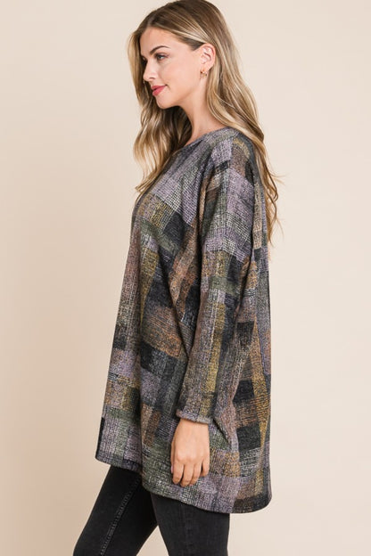 Plaid Round Neck Long Sleeve Top