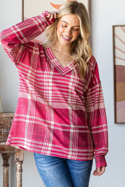 Plaid Drop Shoulder V-Neck T-Shirt