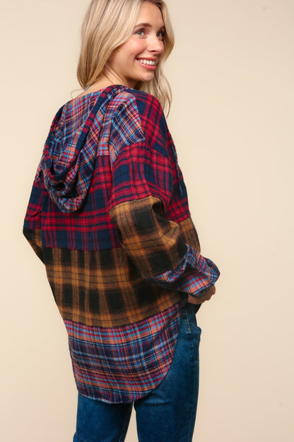 Plaid Edge Cut Detail Hooded Top