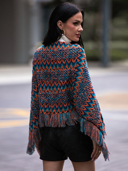 Shiny Fringe Hem Boat Neck Poncho