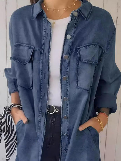 Raw Hem Button Up Long Sleeve Denim Top