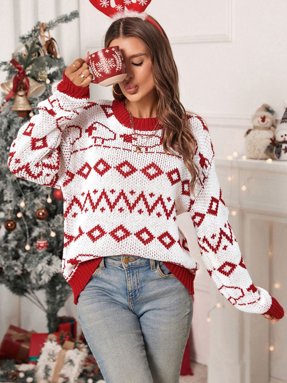 Contrast Geometric Round Neck Long Sleeve Sweater