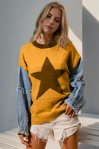 Star Pattern Raw Edge Long Sleeve Sweater