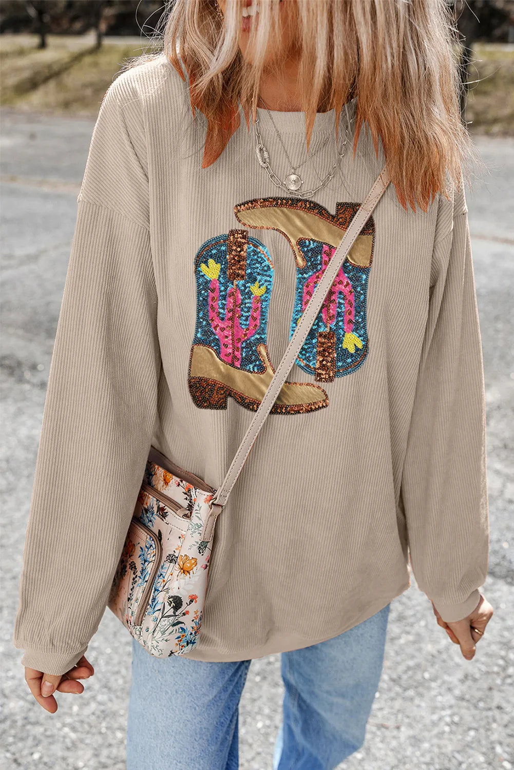 Sequin Boots Round Neck Long Sleeve Sweatshirt