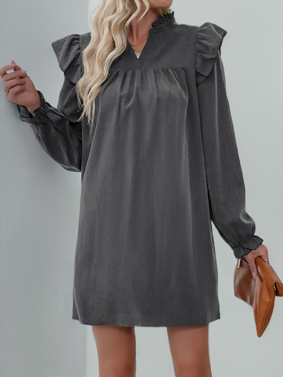 Ruffled Notched Long Sleeve Mini Dress