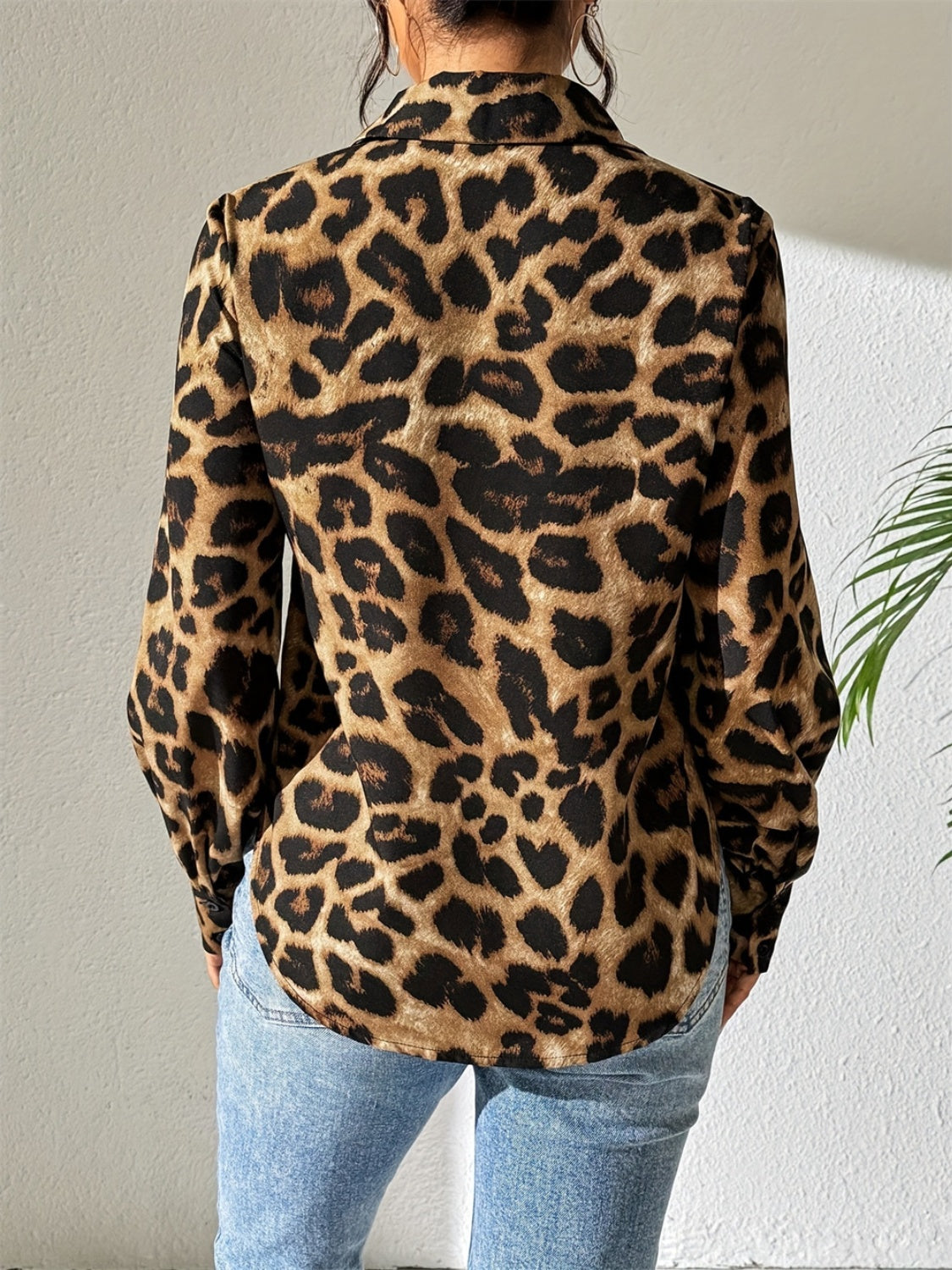 Leopard Collared Neck Long Sleeve Shirt