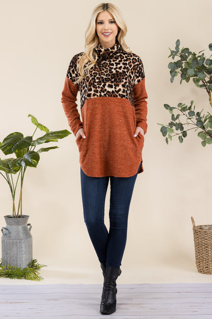 Curved Hem Leopard Turtleneck Long Sleeve Blouse