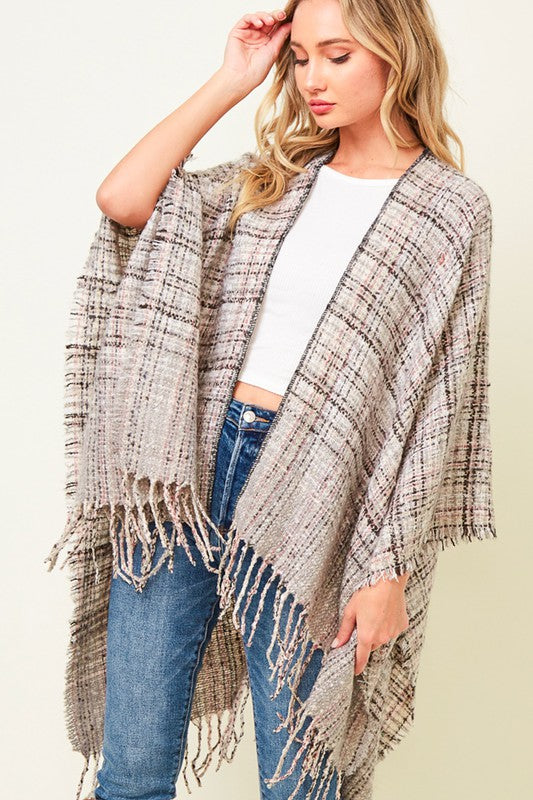 MULTI PLAID FRINGE PONCHO SHAWL