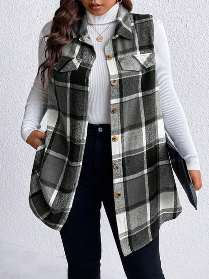 Plus Size Pocketed Plaid Button Up Vest Coat