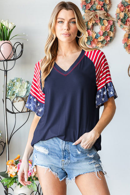 V-Neck Flounce Sleeve T-Shirt