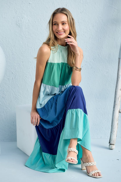 Color Block Sleeveless Tiered Maxi Dress