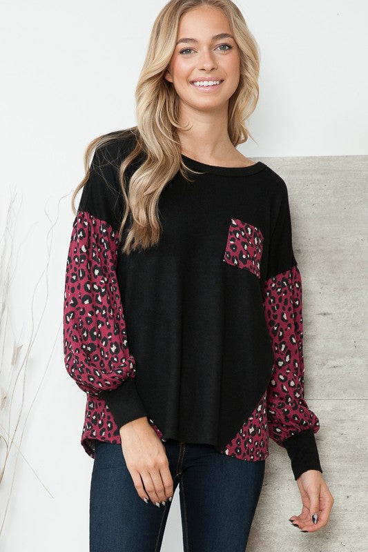 Leopard Print Contrasted Balloon Sleeve Sweater