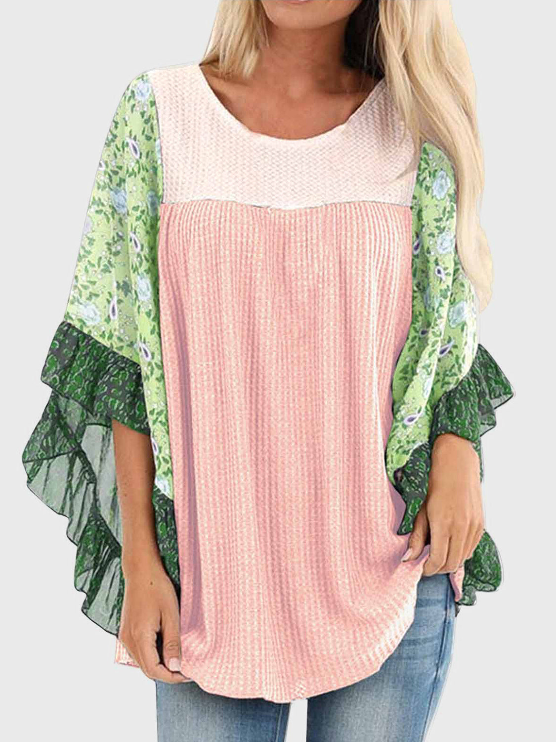 Printed Round Neck Three-Quarter Sleeve Blouse