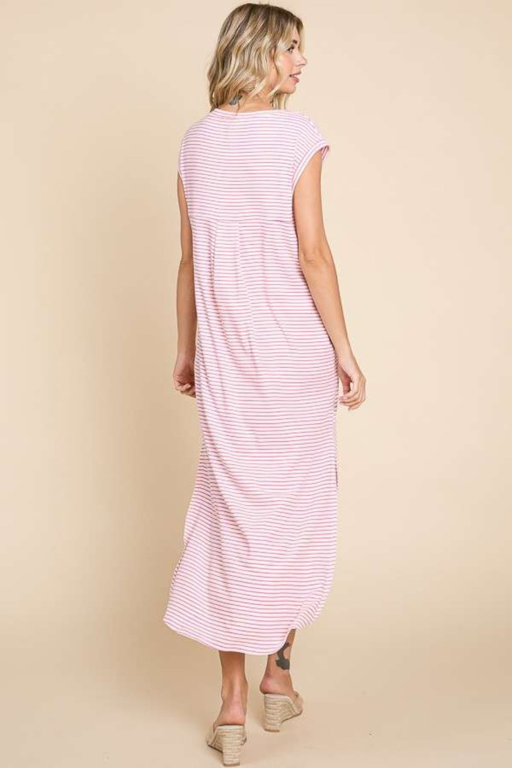 Striped V-Neck Slit Dress with Pockets