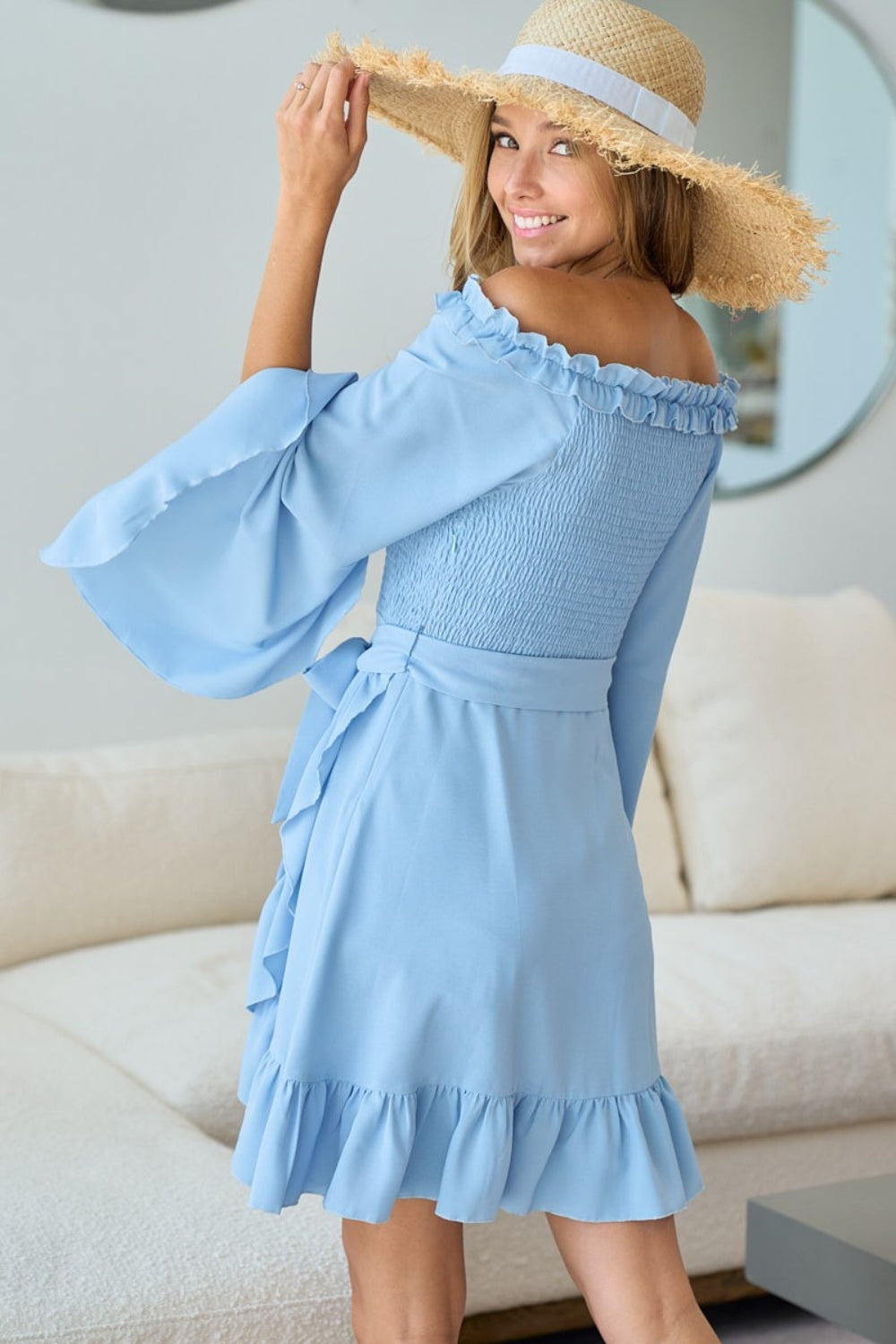 Smocked Ruffled Front Tie Mini Dress