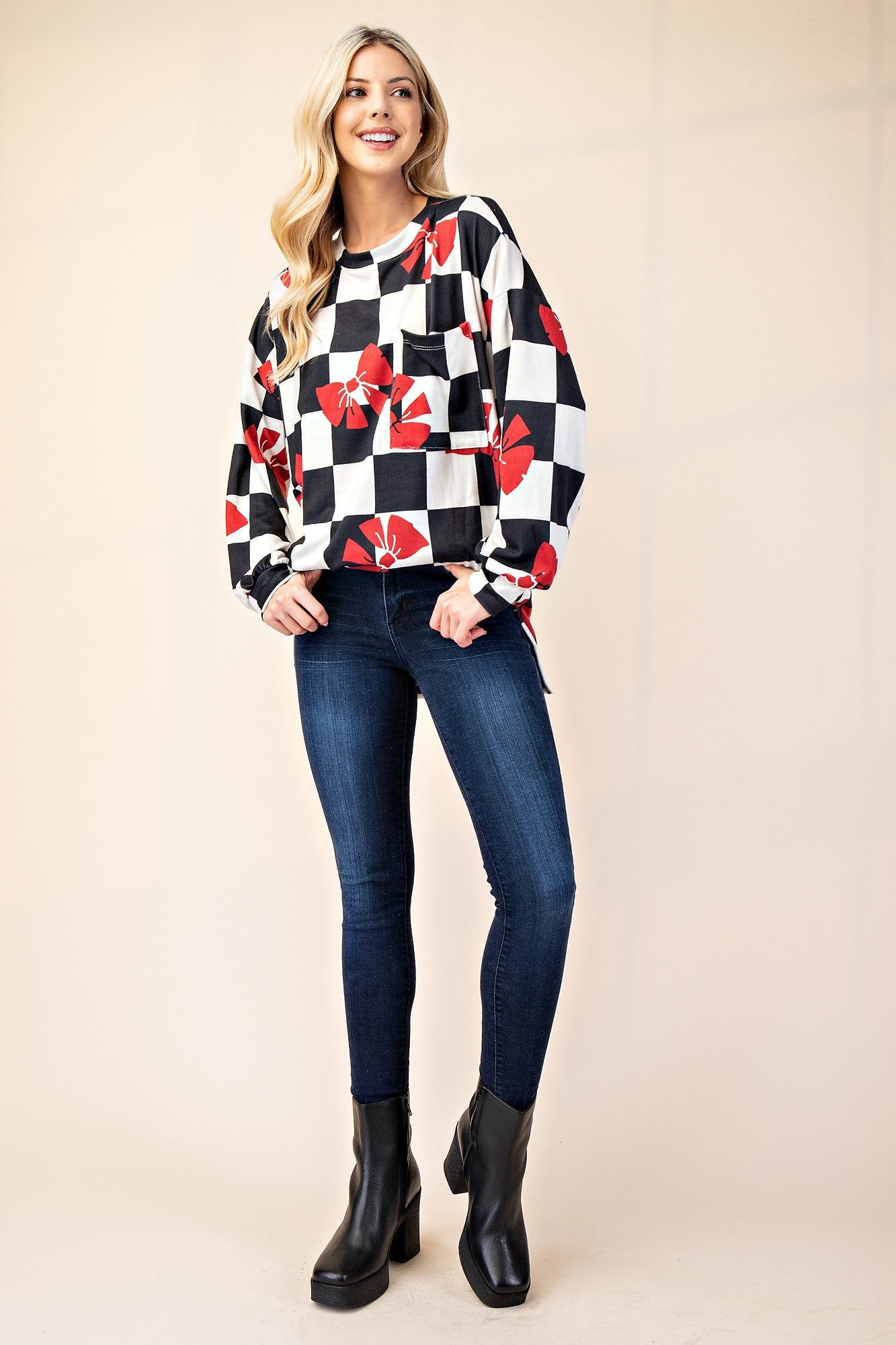 Checkered Bow Print Round Neck T-Shirt