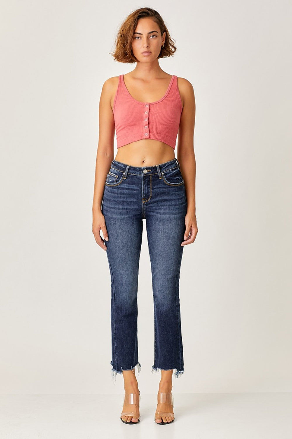 Risen Frayed Hem Cropped Straight Jeans