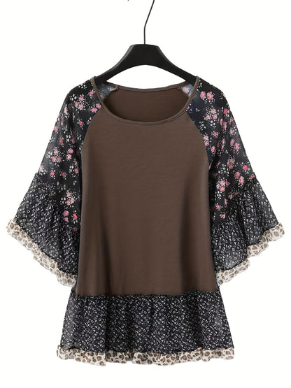 Frill Printed Round Neck Half Sleeve Blouse