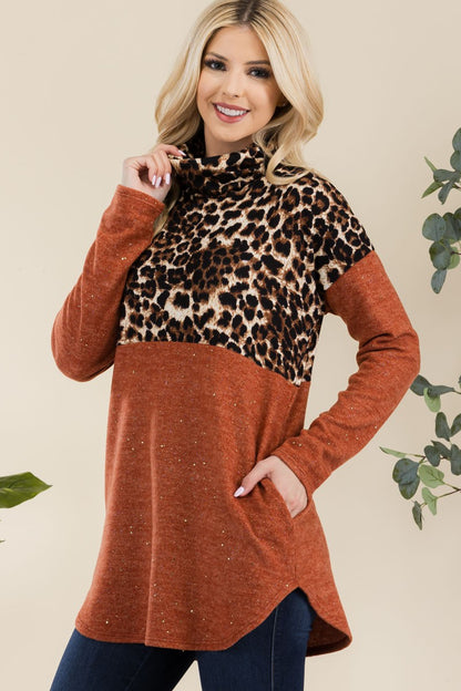 Curved Hem Leopard Turtleneck Long Sleeve Blouse