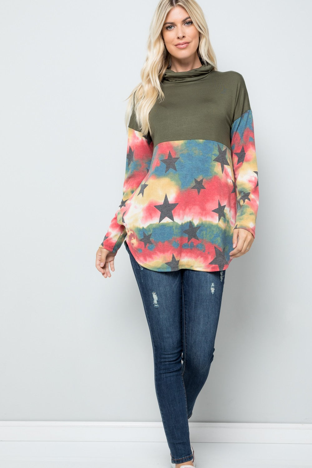 Tie-Dye Star Print Long Sleeve Blouse